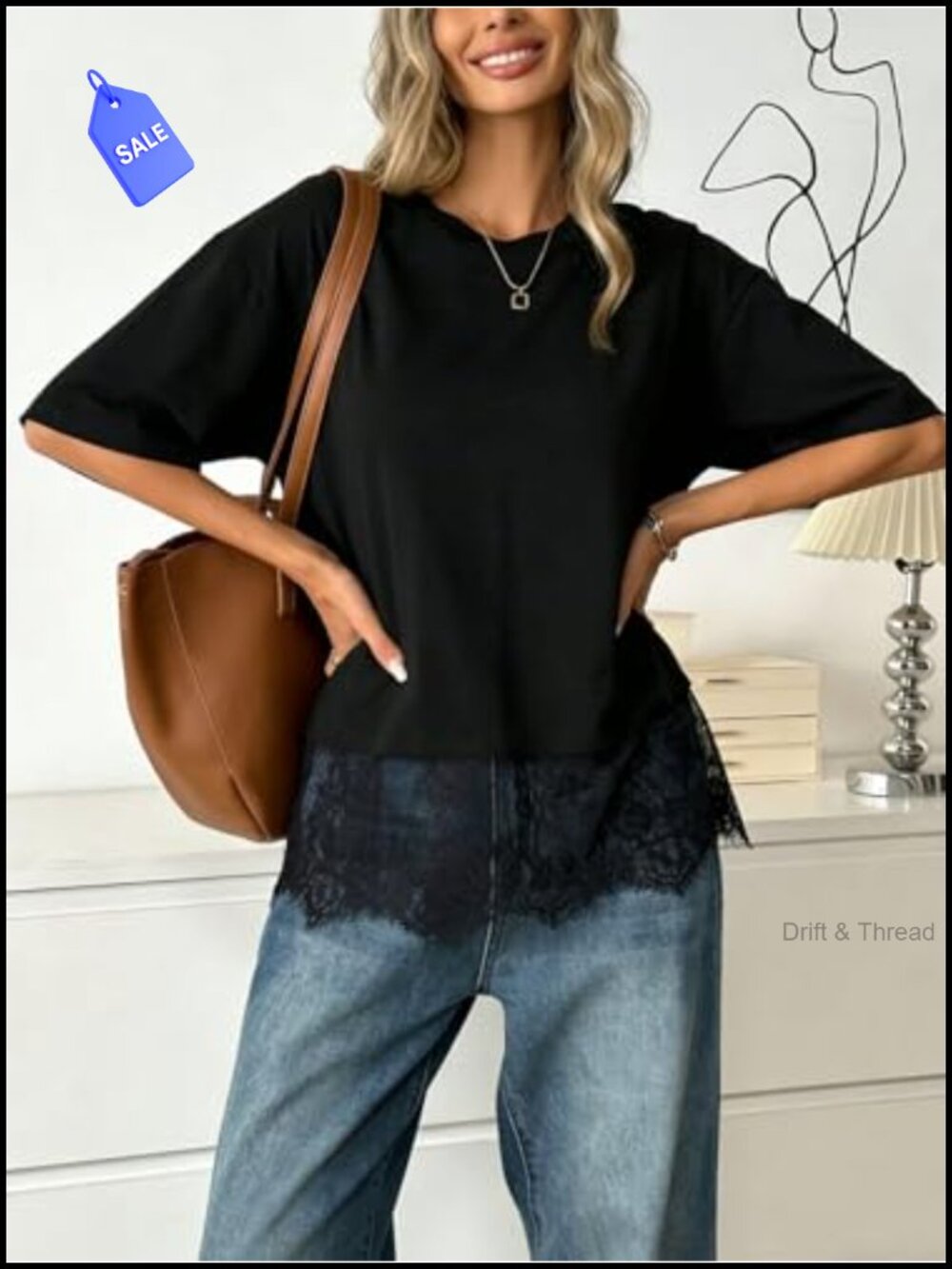 Women's Lace Trim T-Shirt Short Sleeve Crew Neck Going Out Top - Picture 2 of 6